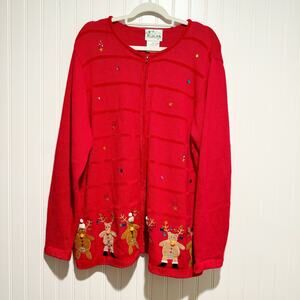Quacker Factory Red Reindeer Christmas Cardigan Sweater Plus Size 1X